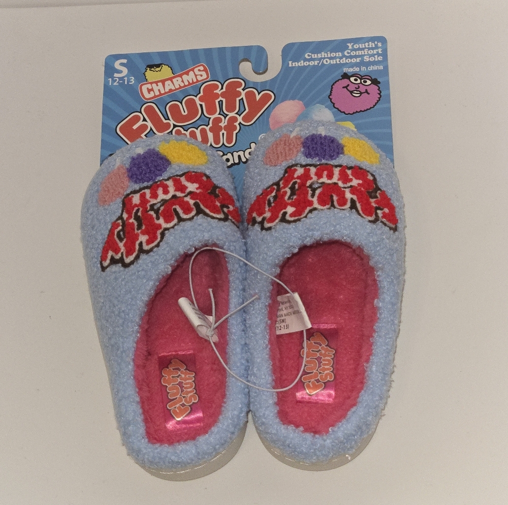 Charms Fluffy Stuff Cotton Candy Youth Slippers 12/13 • Plush Cozy Fashion-Core